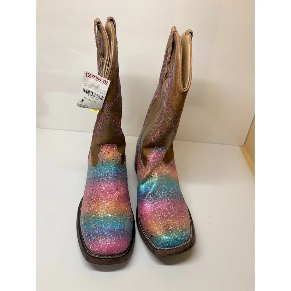 Roper Girls Size 3 Rainbow Glitter Tan Cowboy Boots Square Toe
